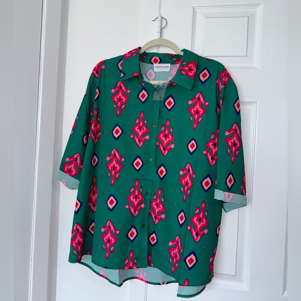 First Love Green and Pink Blouse 1XL